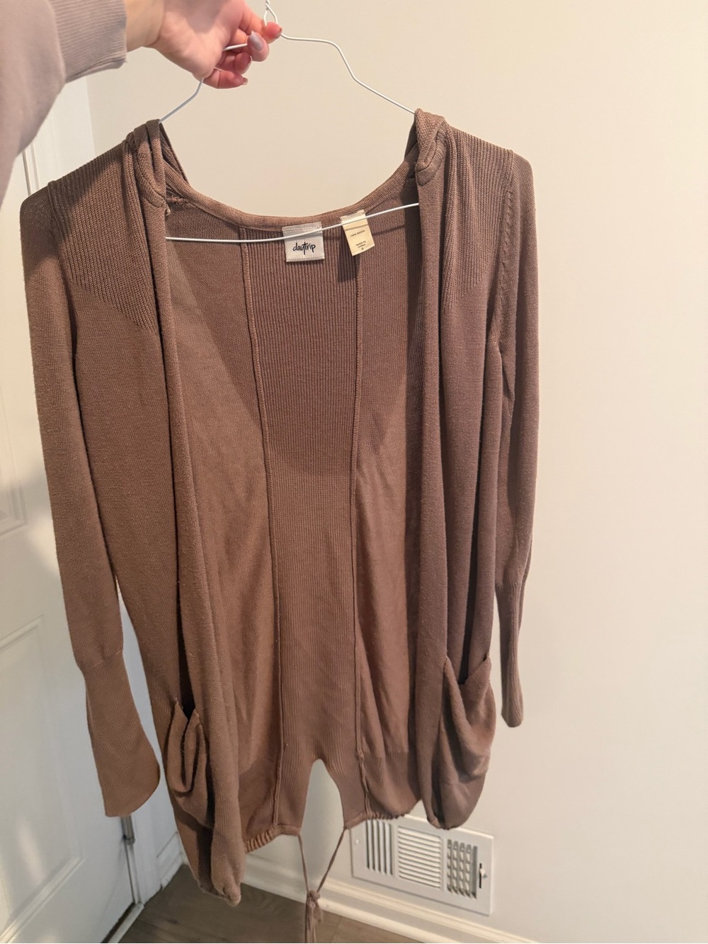 Buckle light brown open-front hooded cardigan